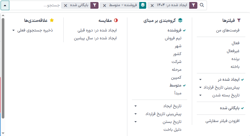 کلیک روی پیکان پایین کنار نوار جستجو، منوی فیلترها را برای تحلیل باز می‌کند.