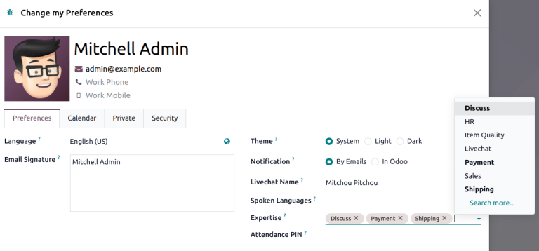 پروفایل کاربر با منوی تخصص گفتگوی زنده باز.