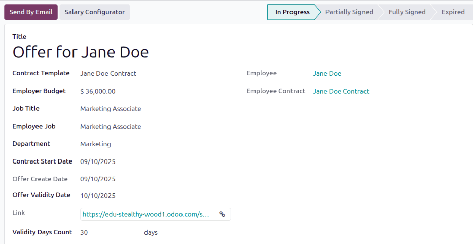ارسال قرارداد به کارمند از طریق یکی از دکمه‌ها.