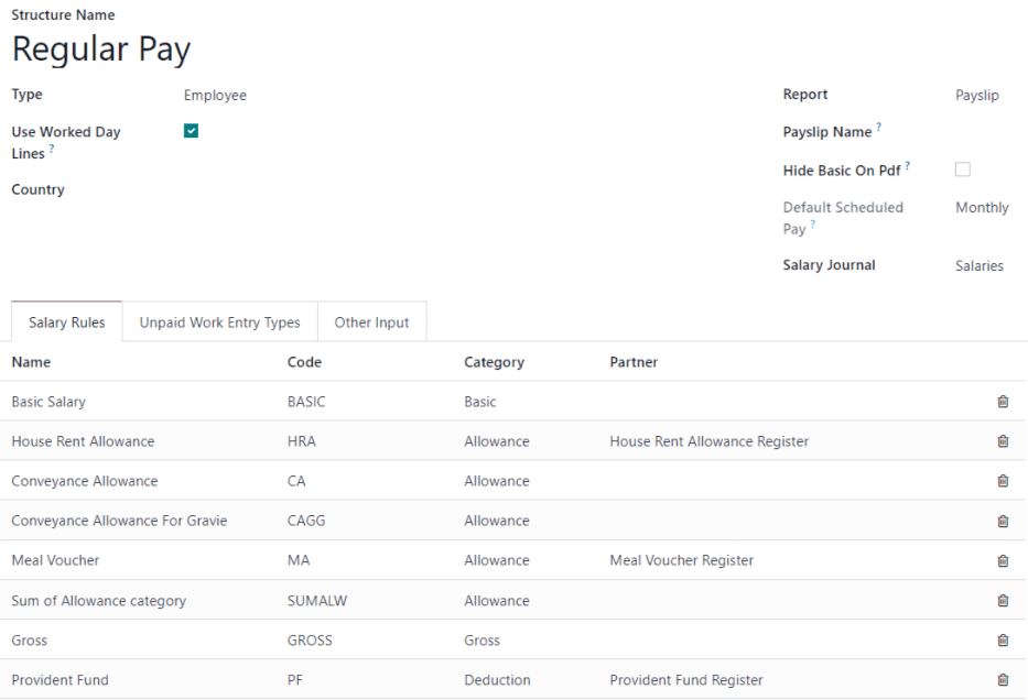 جزئیات ساختار حقوق و دستمزد برای پرداخت منظم، که تمام قوانین حقوق و دستمزد را لیست می‌کند.