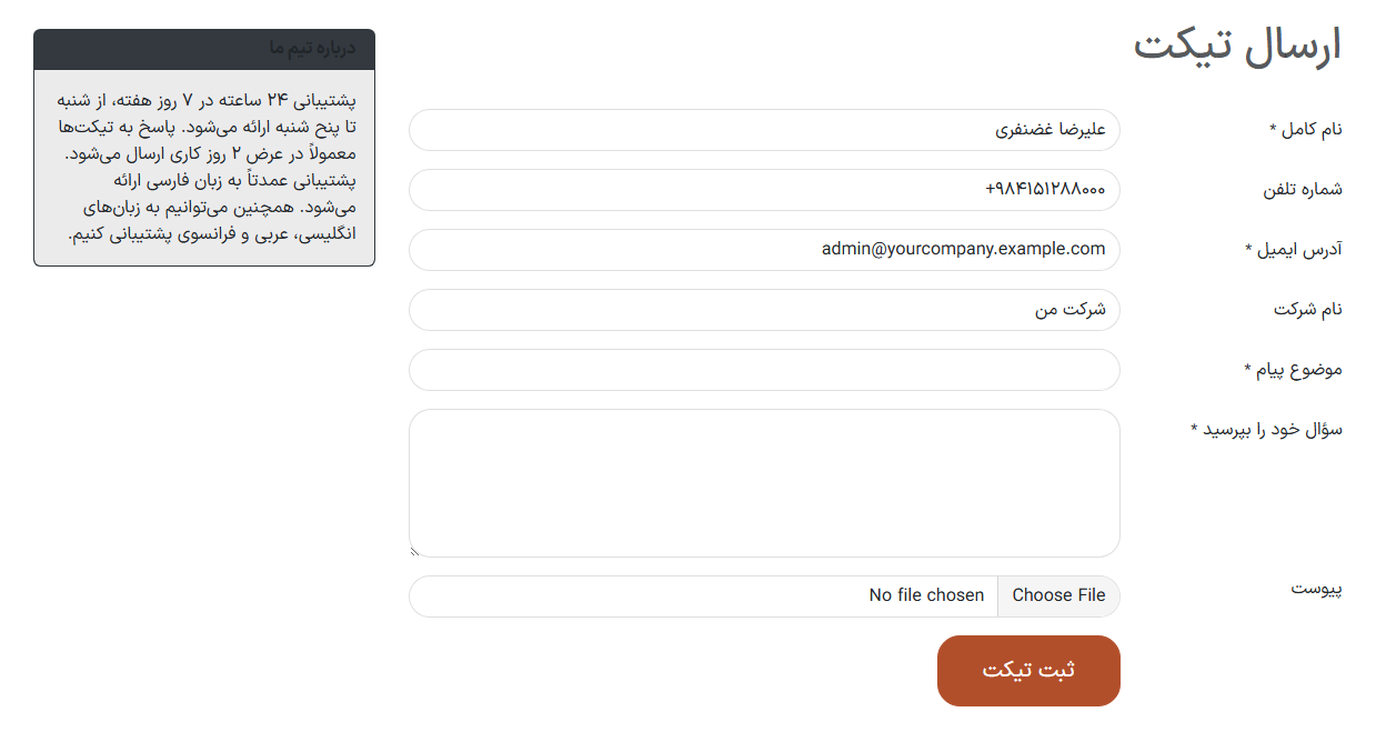 نمایی از فرم وب سایت تیم سامانه پشتیبانی که توضیحات تیم را نمایش می‌دهد.