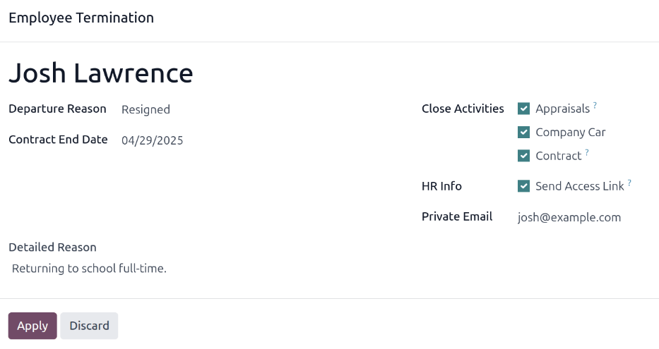 فرم خاتمه همکاری کارمند با تمام فیلدهای پر شده.