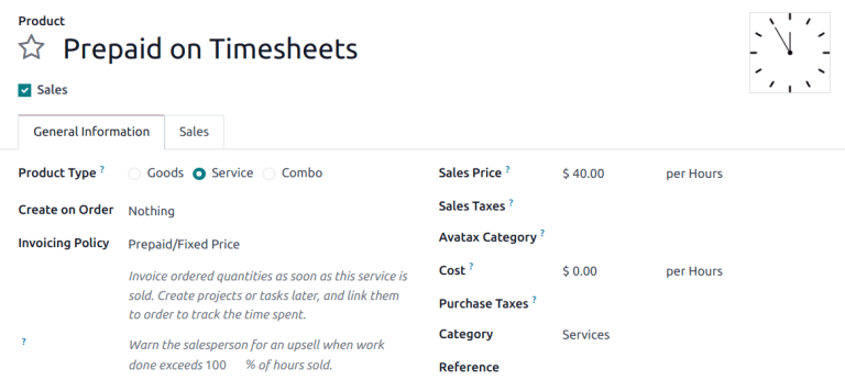نمایی از محصول خدماتی با سیاست «پیش‌پرداخت/ثابت» انتخاب شده.