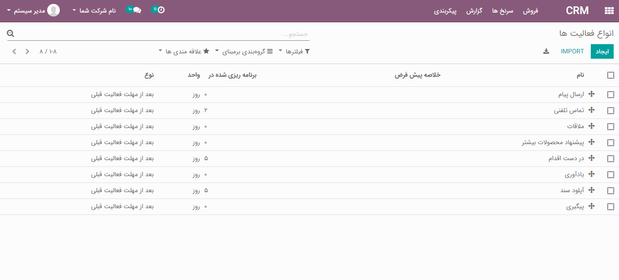 تنظیم انواع فعالیت ها